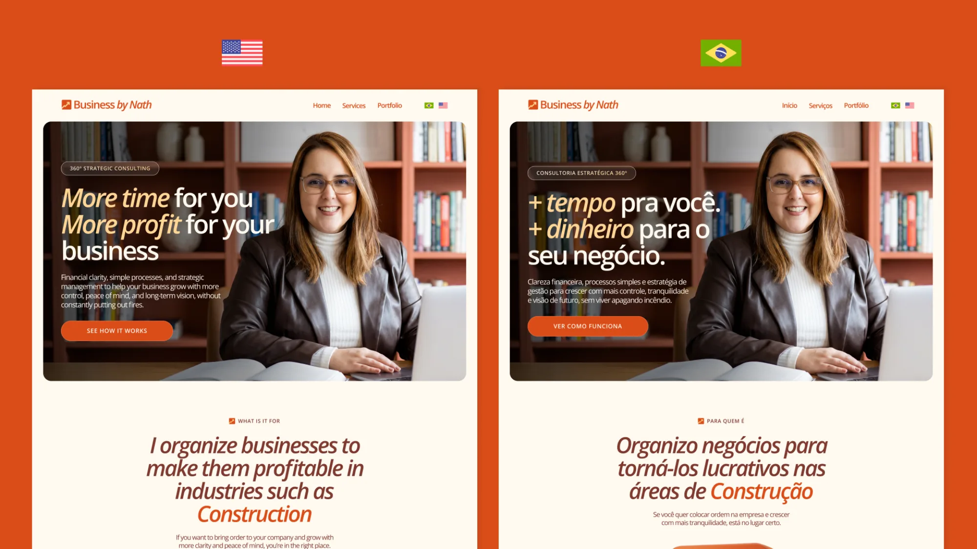 Business by Nath: the site in English and Portuguese, side by side